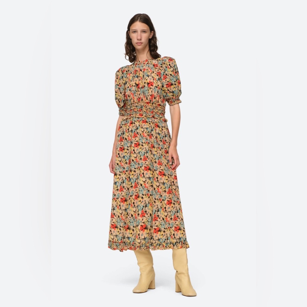 SEA NEW YORK Ensley Silk Printed Short Puff sleeve Midi Dress XXS XS